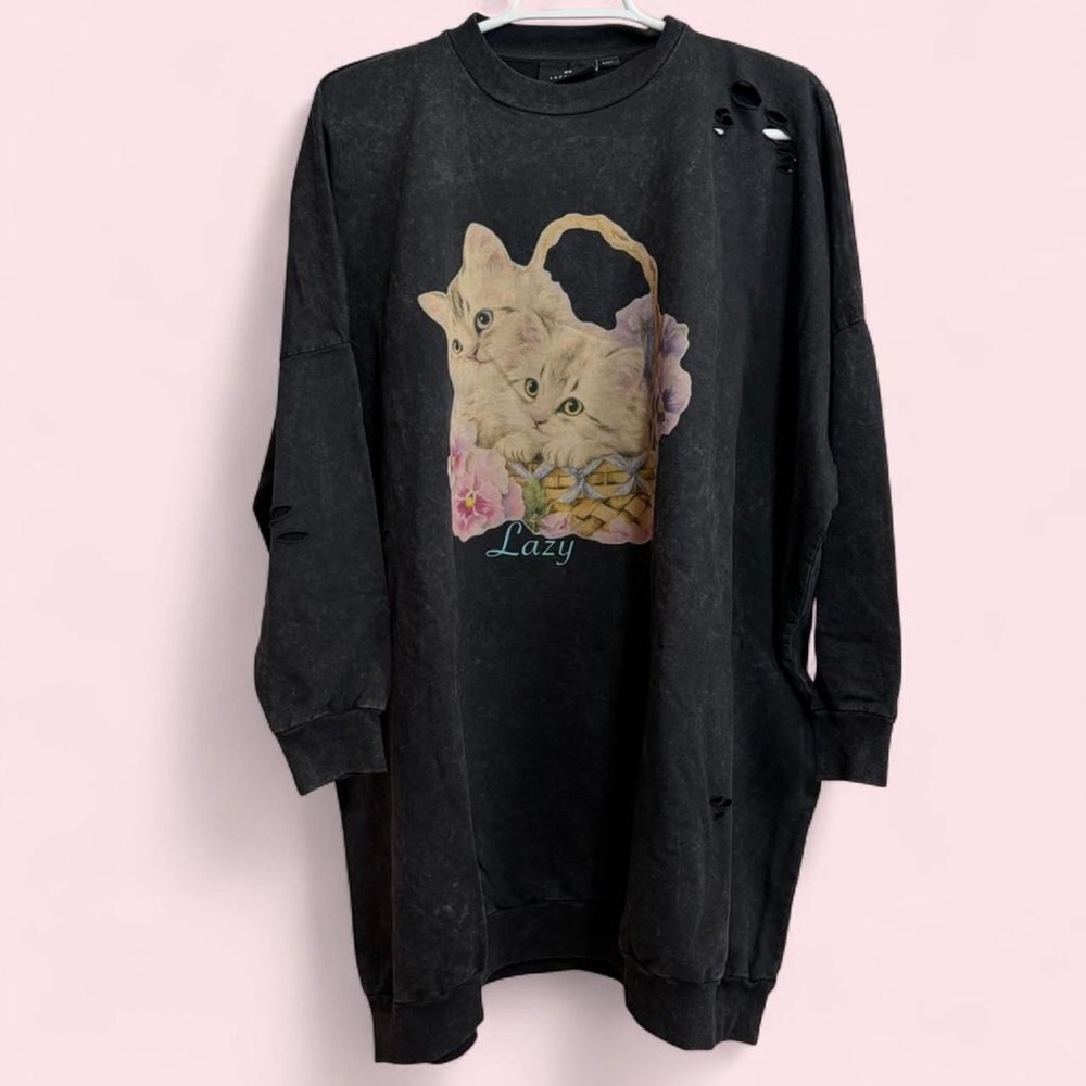 Lazy Oaf Black Gray Basket O’Cats Sweatshirt Cats in basket print one size new